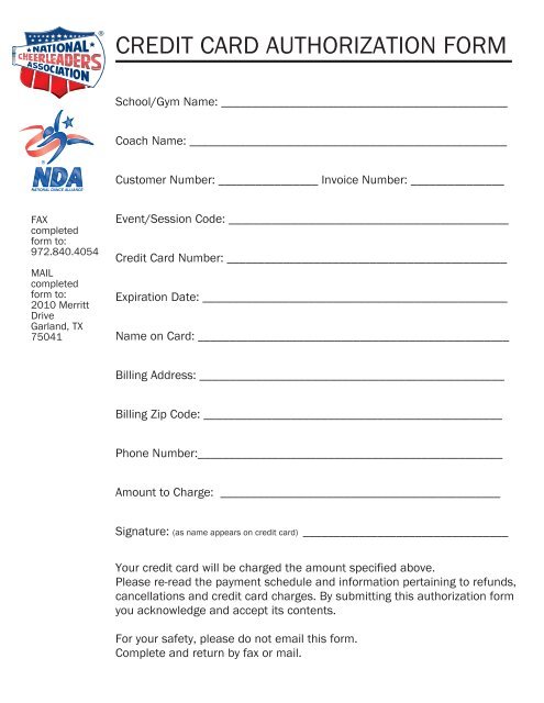 credit card authorization form - National Cheerleaders Association ...