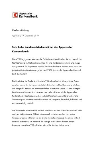 Sehr hohe Kundenzufriedenheit bei der Appenzeller Kantonalbank