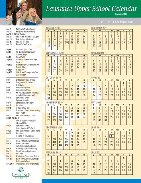 Lawrence Upper School Calendar - Lawrence School Lawrence Upper School Calendar - Lawrence School