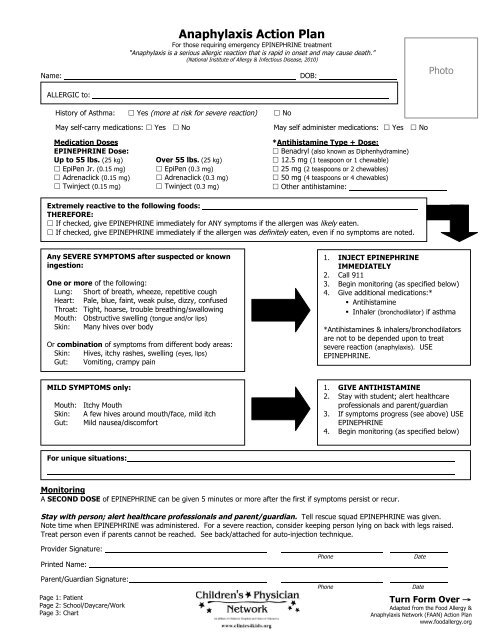 Anaphylaxis Action Plan - Roseville Area Schools