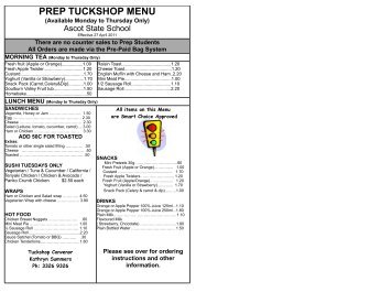 Prep Tuckshop Menu 2011 - Ascot State School