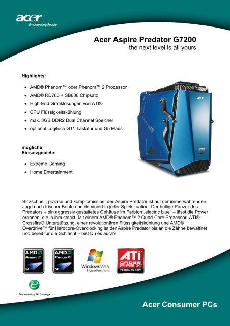 Acer Aspire Predator G7200 Acer Consumer PCs