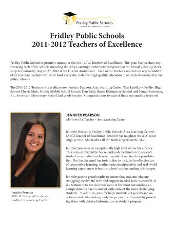 The 2011-2012 Teachers of Excellence are - Fridley Public Schools