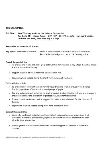 JOB DESCRIPTION Job Title: Lead Teaching Assistant for Science ...