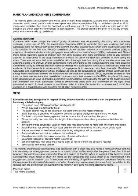 Audit And Assurance March 2010 Marks Plan Icaew