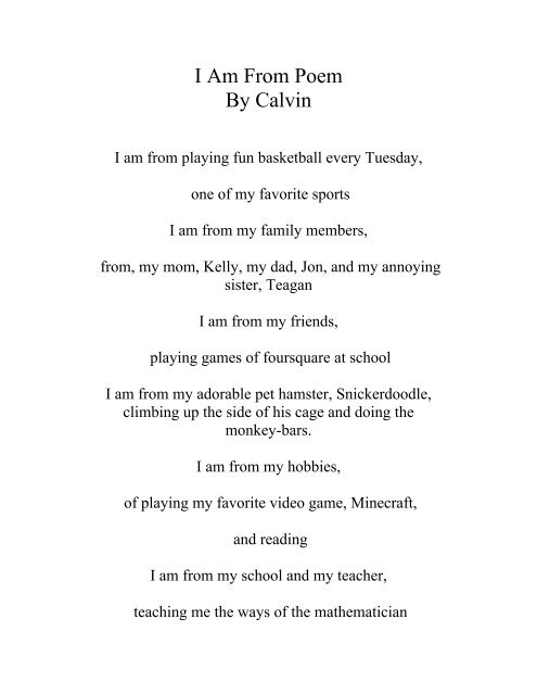 I Am From Poem By Calvin - Park Day School