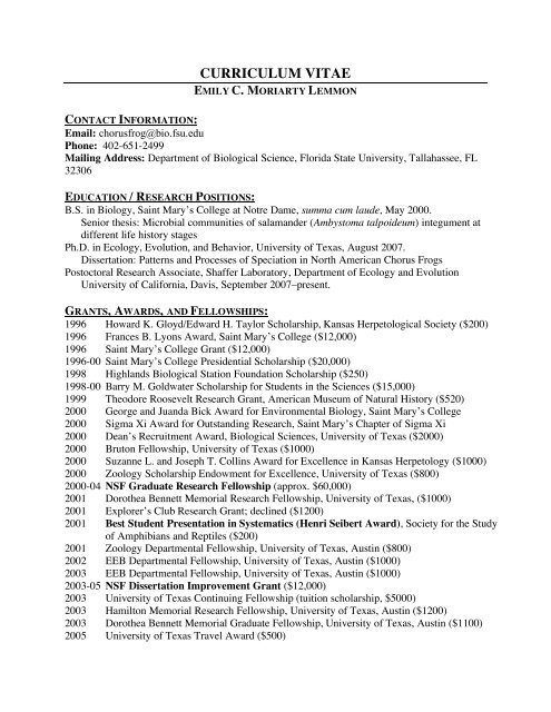 E Moriarty Lemmon CV-9 08 - Department of Biological Science ...