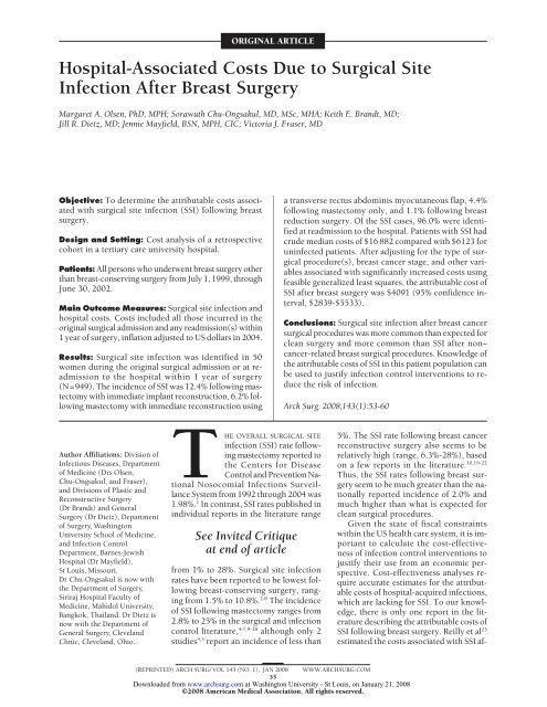 Hospital-Associated Costs Due to Surgical Site Infection After Breast ...