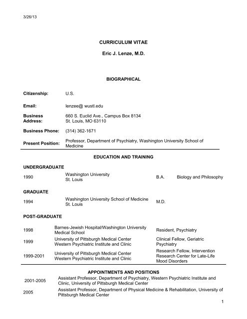 Curriculum Vitae Eric J Lenze M D Institute For Public Health
