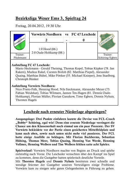 Bezirksliga Weser Ems 3, Spieltag 24 - Fc-47-Leschede