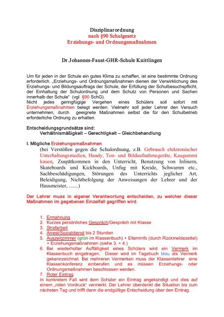 Disziplinarordnung Nach 90 Schulgesetz Faust Schule Knittlingen