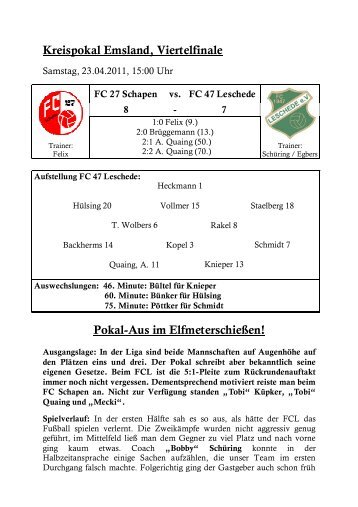 Kreispokal Emsland, Viertelfinale Pokal-Aus im ... - Fc-47-Leschede