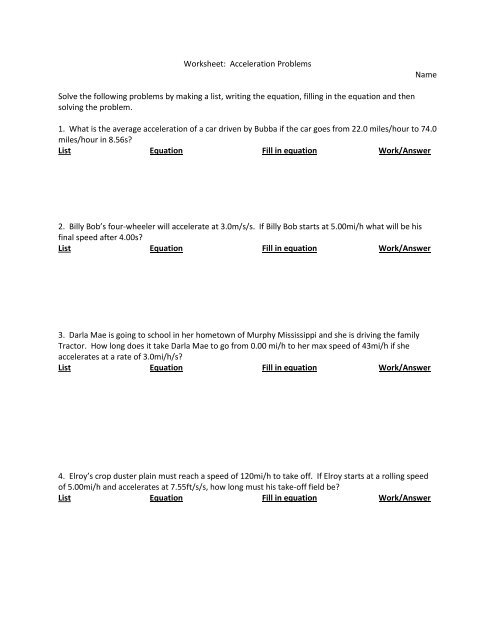 Chapter 3 Worksheet Acceleration Problems