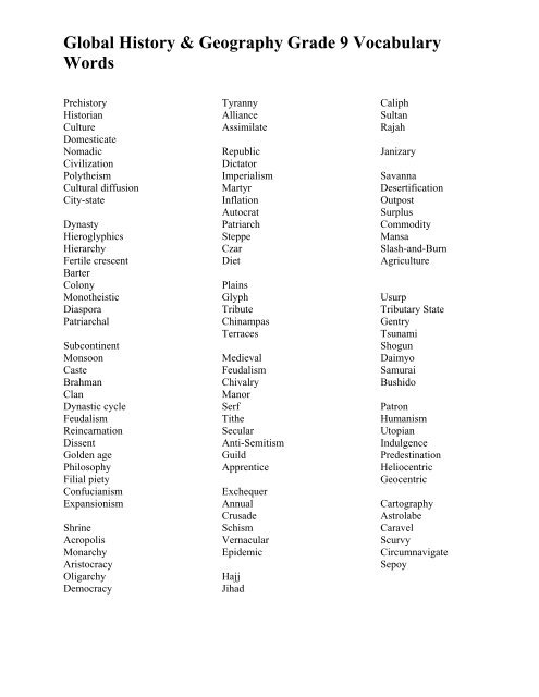 Global History & Geography Grade 9 Vocabulary Words