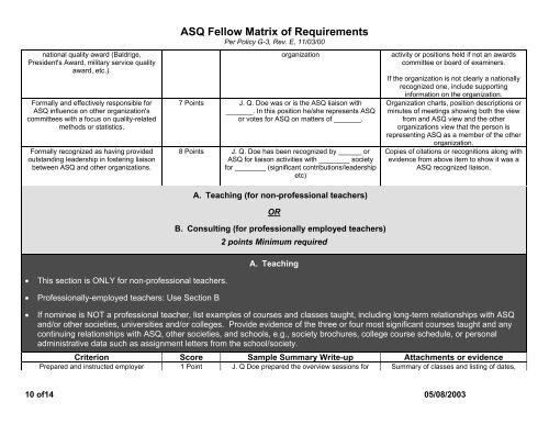 ASQ Fellow Matrix of Requirements - American Society for Quality