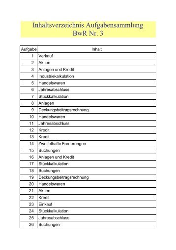 Inhaltsverzeichnis Aufgabensammlung BwR Nr. 3 - Manfred Jahreis