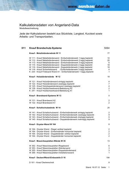 Kalkulationsdaten von Angerland-Data - Ausbaudaten.de