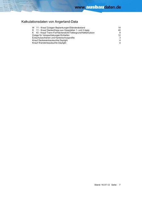 Kalkulationsdaten von Angerland-Data - Ausbaudaten.de