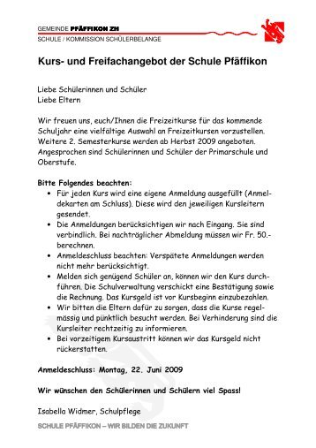 Kurs- und Freifachangebot der Schule PfÃ¤ffikon - Schule PfÃ¤ffikon ZH