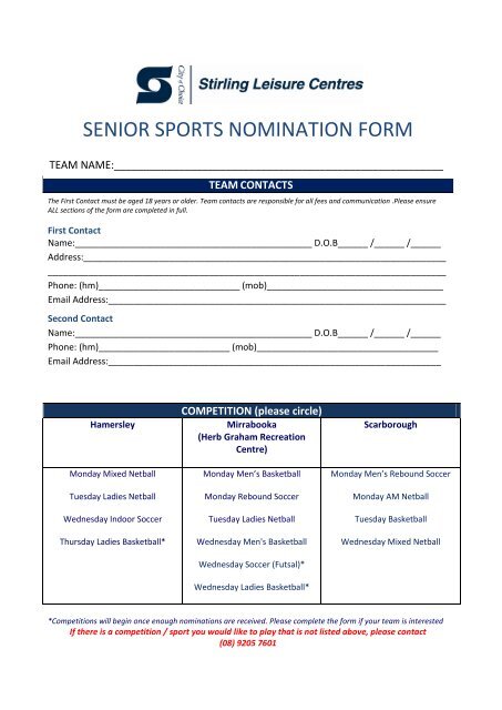 SLC Adult Sports Nomination Form - City of Stirling