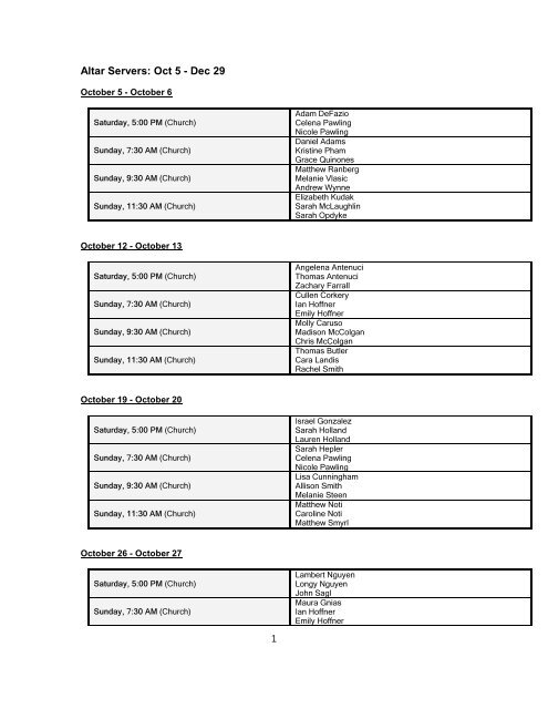 Altar Server Schedule - St. Maria Goretti Parish