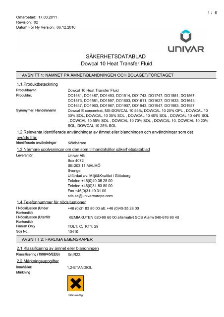 SÃKERHETSDATABLAD Dowcal 10 Heat Transfer Fluid - IQ Logistics