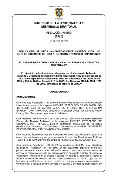 1370 del 31 de julio de 2008 - Ministerio de Ambiente, Vivienda y ...