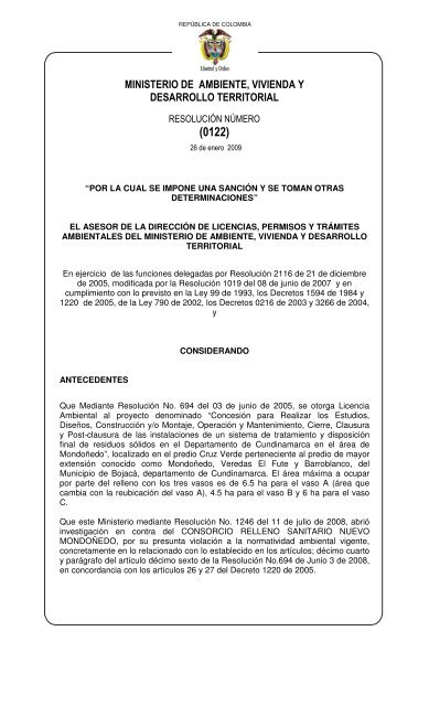 0122 26 de enero 2009 - Ministerio de Ambiente, Vivienda y ...