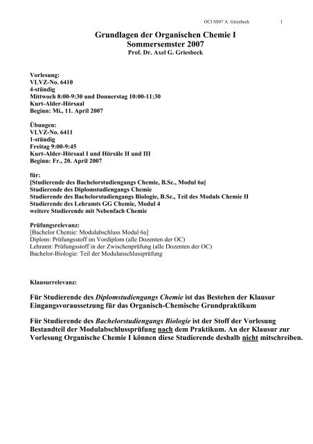 Ãbungen zur Vorlesung "Organische Chemie I" (pdf)