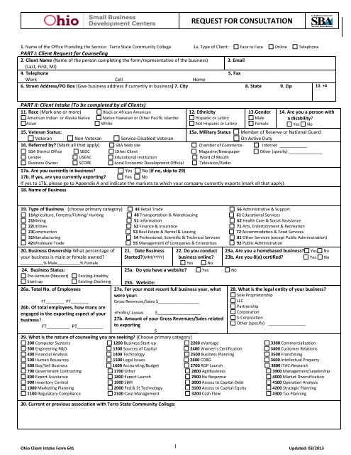 U.S. Small Business Administration Counseling Information Form