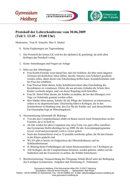 Protokoll der Lehrerkonferenz vom 30.06.2009 - Gymnasium Heidberg