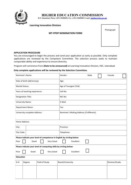 FPDP Application Form - Higher Education Commission