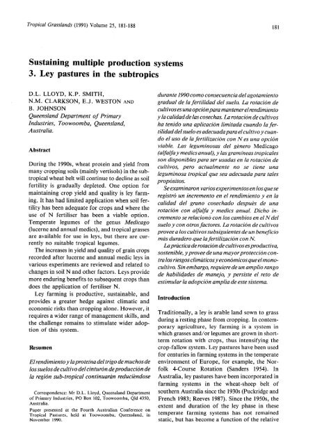 Sustaining multiple production systems 3. Ley pastures in the ...