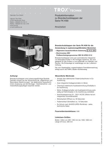 Produktinformation zu Brandschutzklappen der Serie FK-K90 - Trox