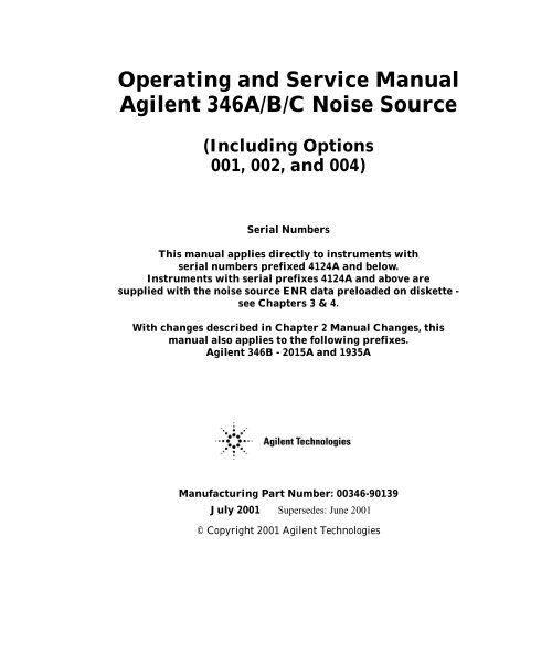 Livre 413 Agilent AGILENT 346a/B/C Bruit Source Opération Et Service Manuel 