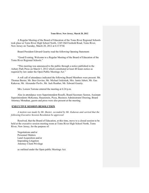 BOARD OF EDUCATION - Toms River Regional Schools