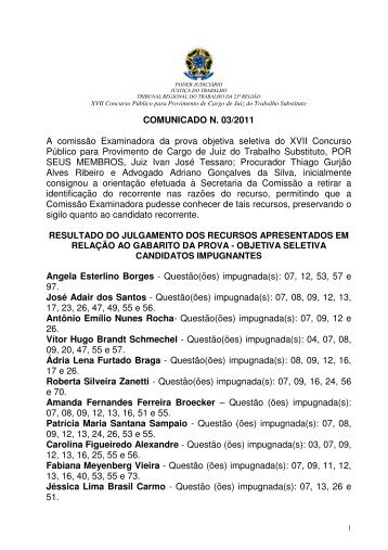 Comunicado NÂº 03/2011 - Resultado dos Recursos. - Tribunal ...