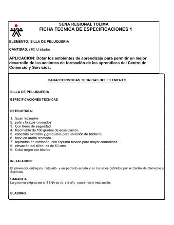 FICHA TECNICA DE ESPECIFICACIONES 1 - Sena