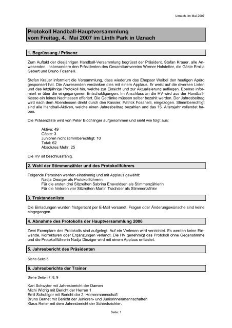 Protokoll der 10. Handball-Hauptversammlung vom 04.05.2007