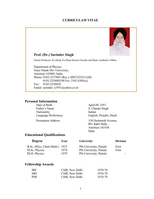 (Dr.) Surinder Singh - Guru Nanak Dev University