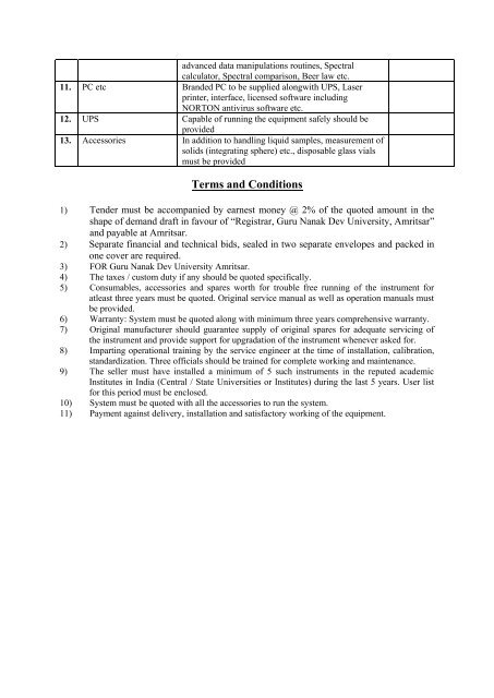 Technical Specifications and Compliance Sheets - Guru Nanak Dev ...