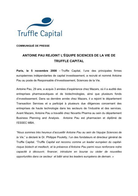 ANTOINE PAU REJOINT L'ÃQUIPE SCIENCES DE ... - Truffle Capital