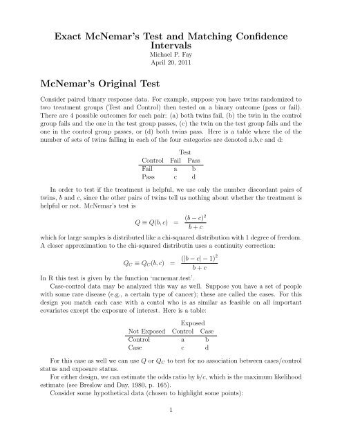 Exact Mcnemar's Test and Matching Confidence Intervals ...