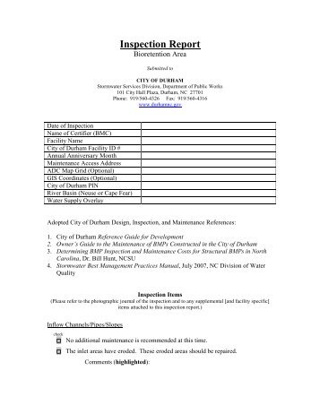 Bioretention Area Inspection Report Form - City of Durham