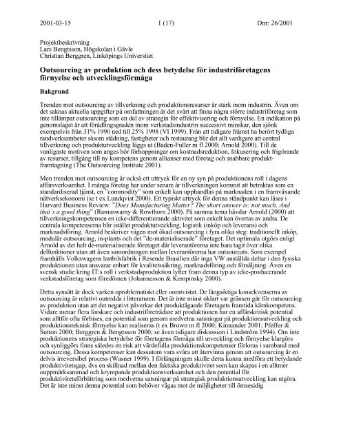 Outsourcing av produktion och dess betydelse fÃ¶r industrifÃ¶retagens ...