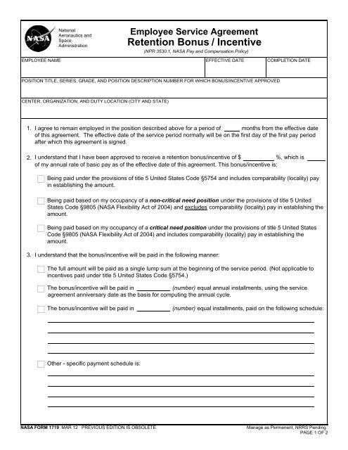 Employee Service Agreement Retention Bonus Incentive Nasa
