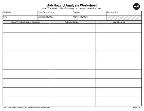 Job Hazard Analysis Worksheet - Nasa