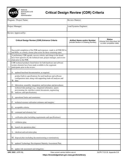 Critical Design Review Cdr Criteria Nasa