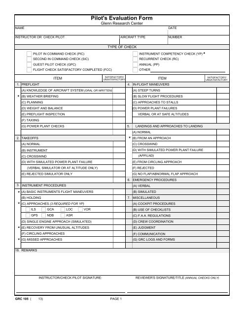 Pilot's Evaluation Form - NASA