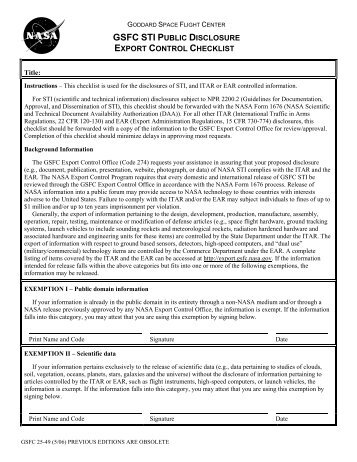 gsfc sti public disclosure export control checklist - NASA